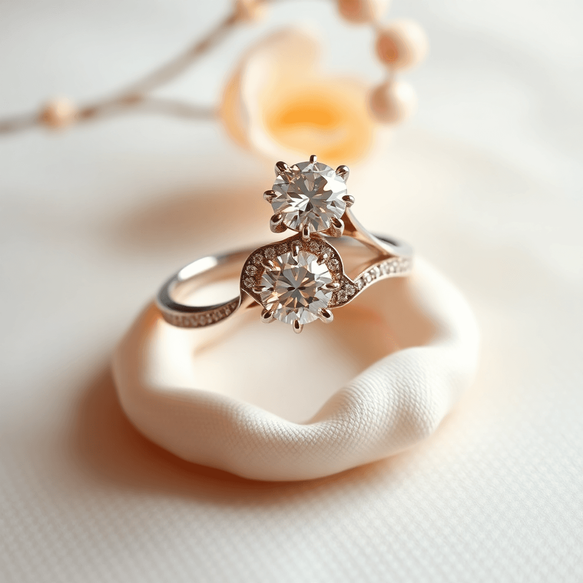 A stunning engagement ring with intricate designs and sparkle, set against a soft, elegant background with gentle lighting and floral accents.