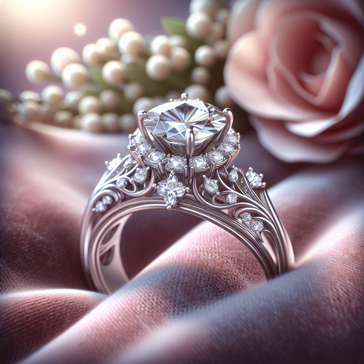 A stunning engagement ring with an intricate design and a sparkling diamond at the center, elegantly resting on a soft piece of velvet. Surrounding the ring are