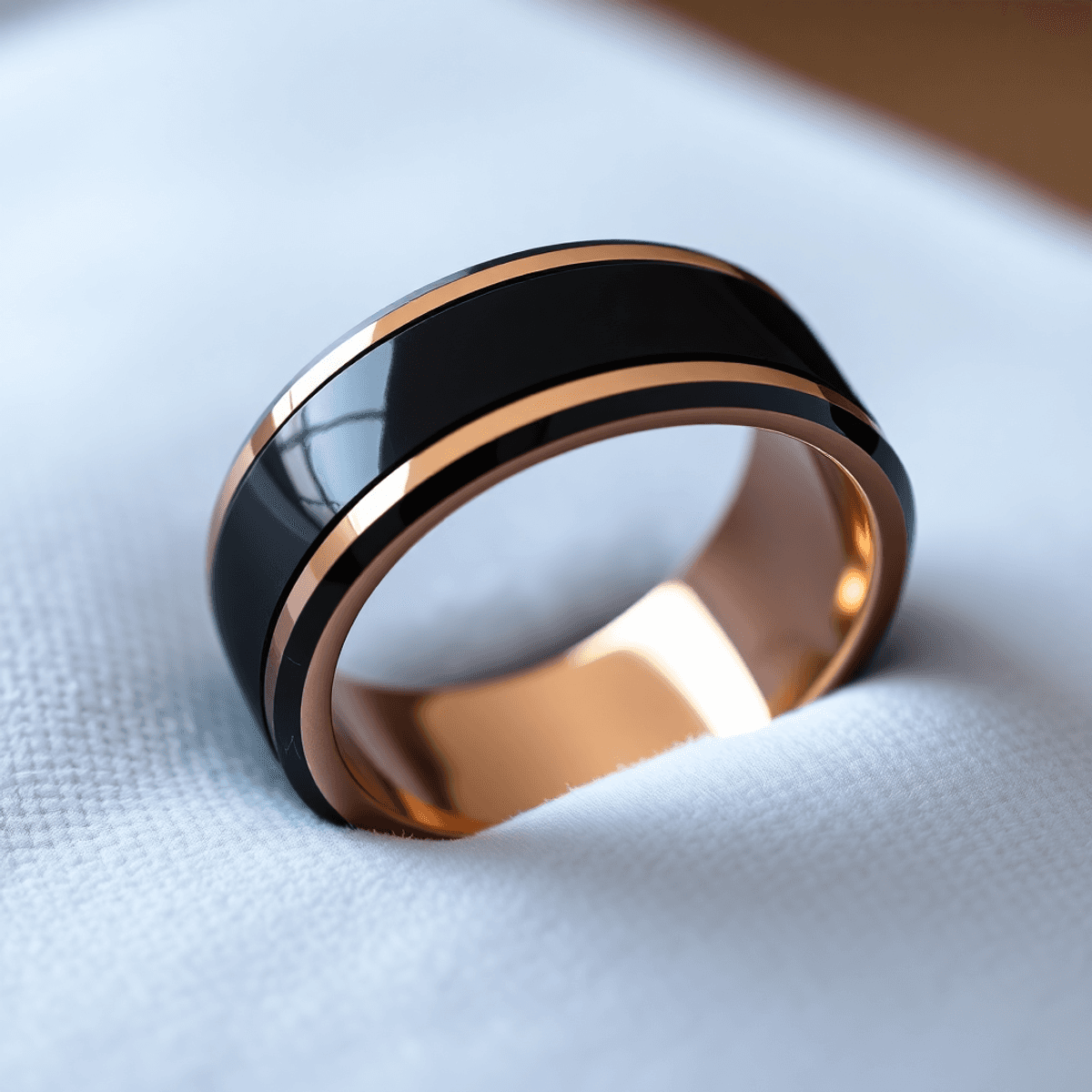 Close-up of a black and rose gold plated tungsten carbide ring on a velvet surface, highlighting its shine, intricate design, and elegant durability.