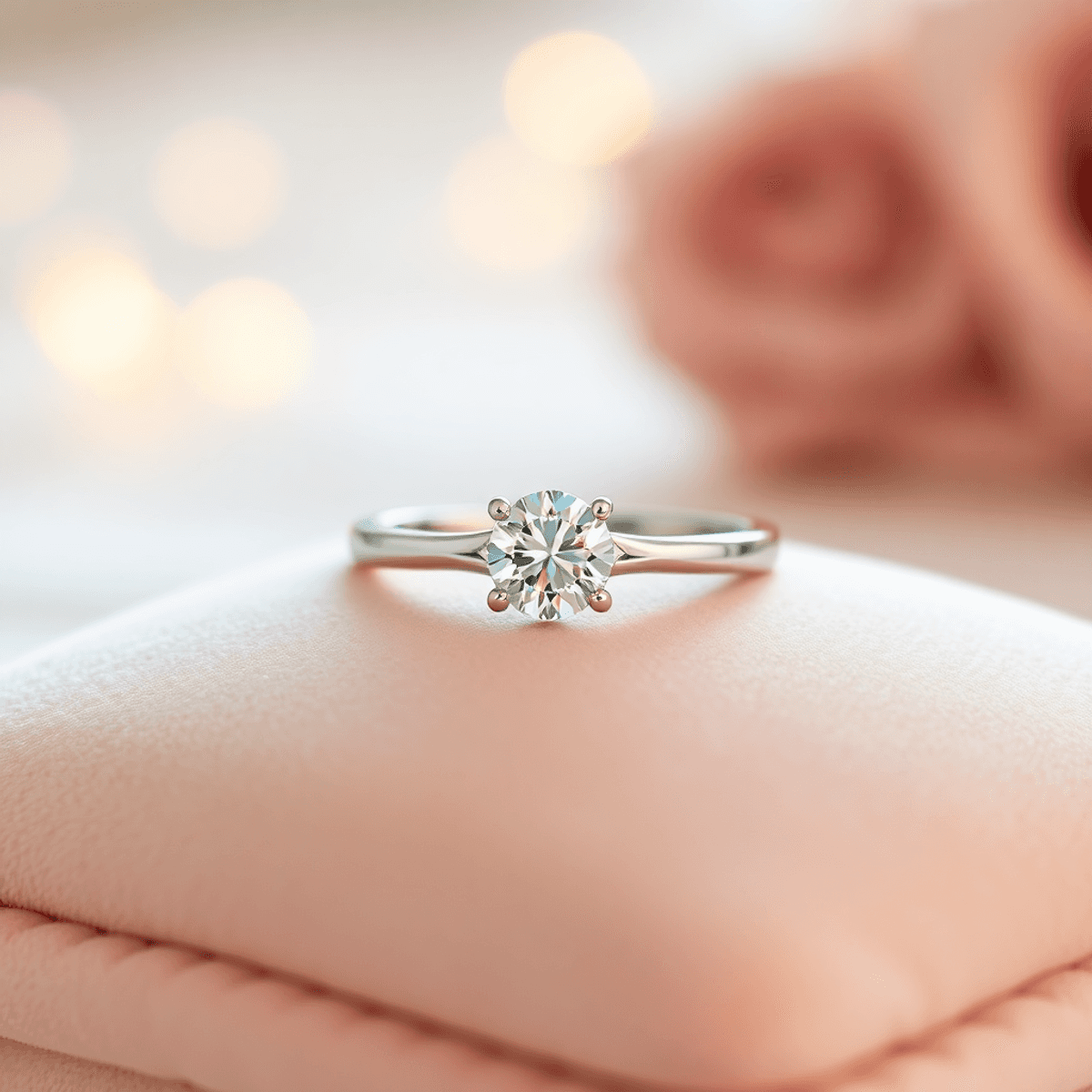 A classic solitaire wedding ring with a sparkling diamond on a velvet cushion, surrounded by soft, warm lighting that enhances its romantic elegance.