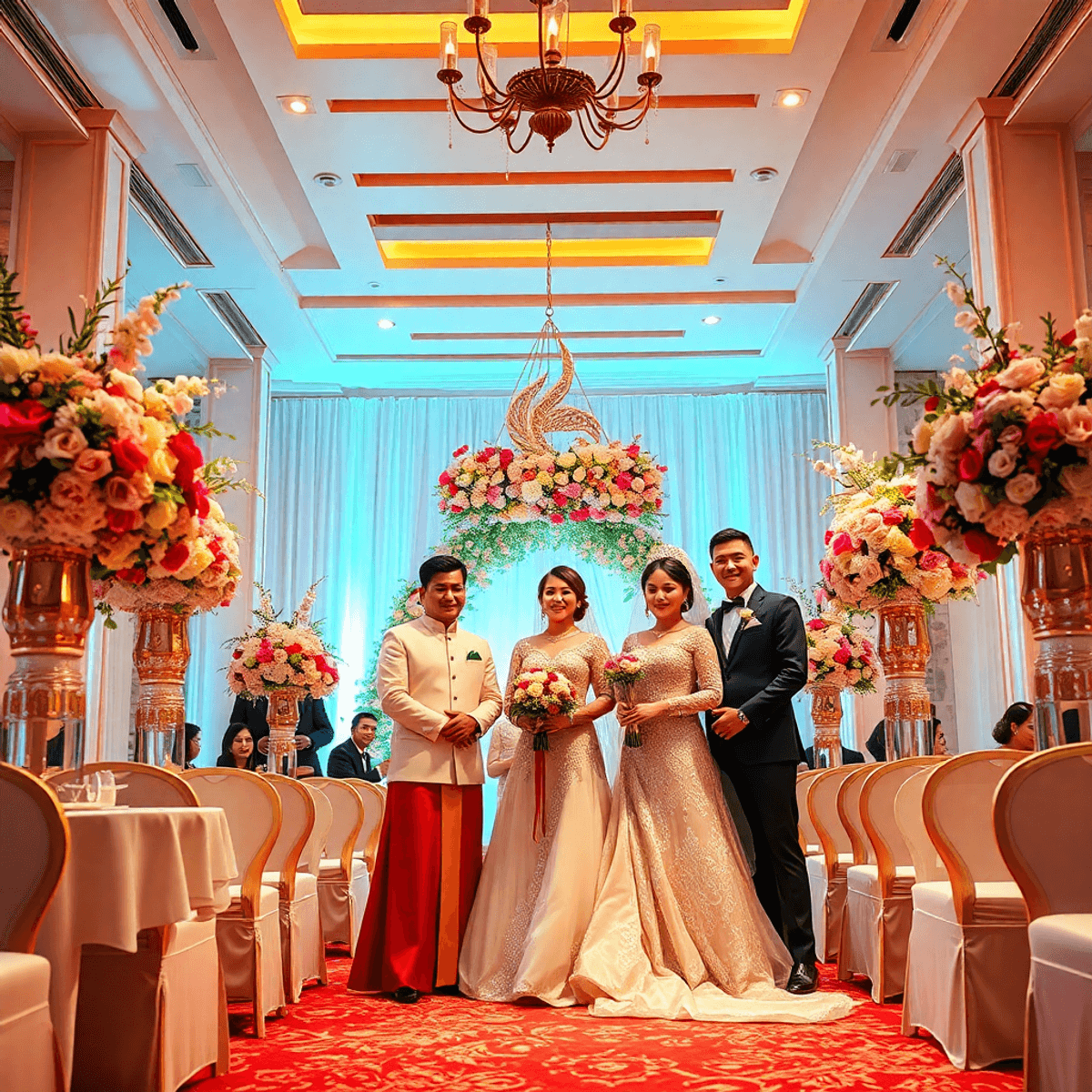 A vibrant wedding scene in Singapore featuring a beautifully decorated venue with floral arrangements, soft lighting, and luxurious details, celebrating cultura