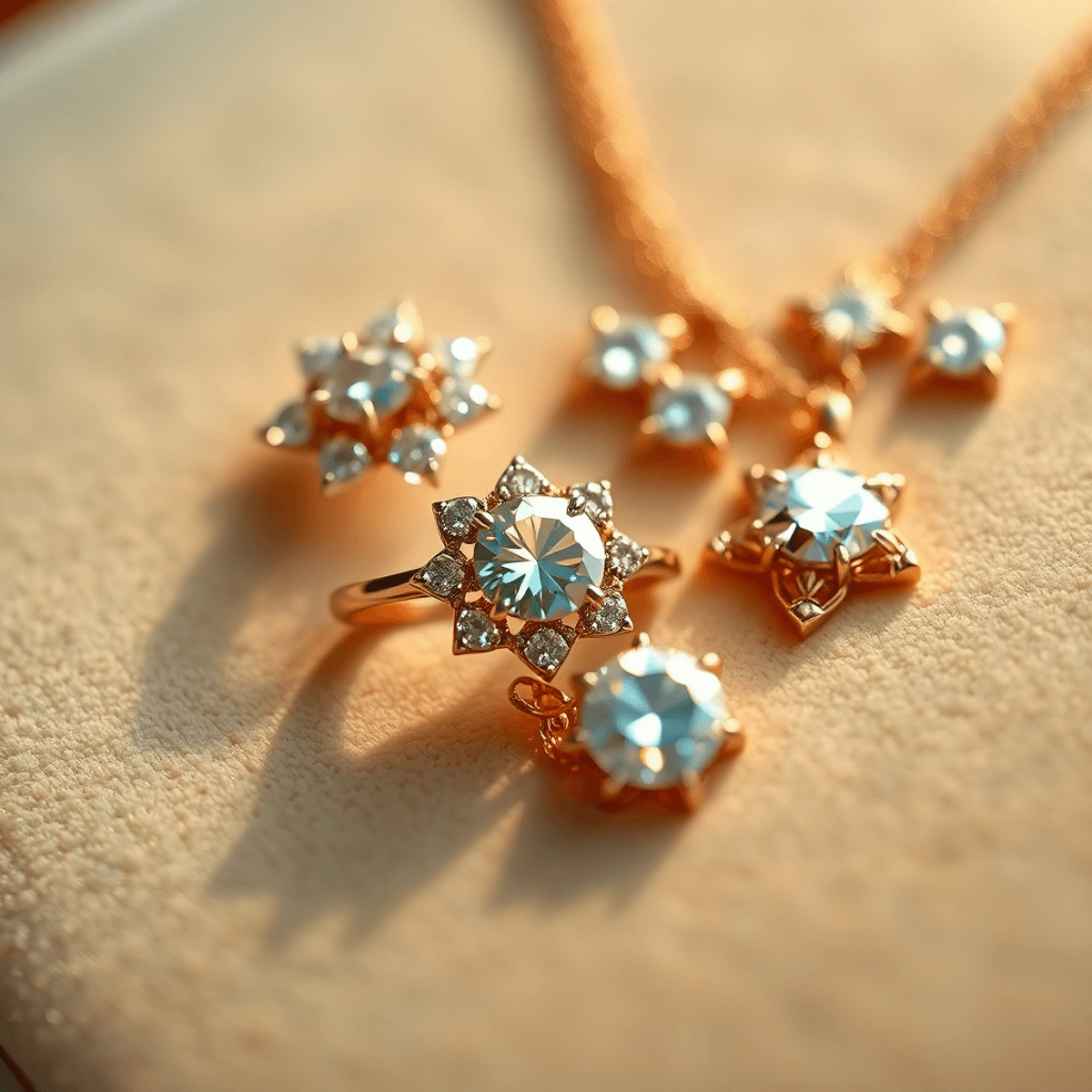 Close-up of sparkling jewelry, featuring an elegant engagement ring and a delicate necklace on soft velvet, showcasing intricate details and warm lighting.