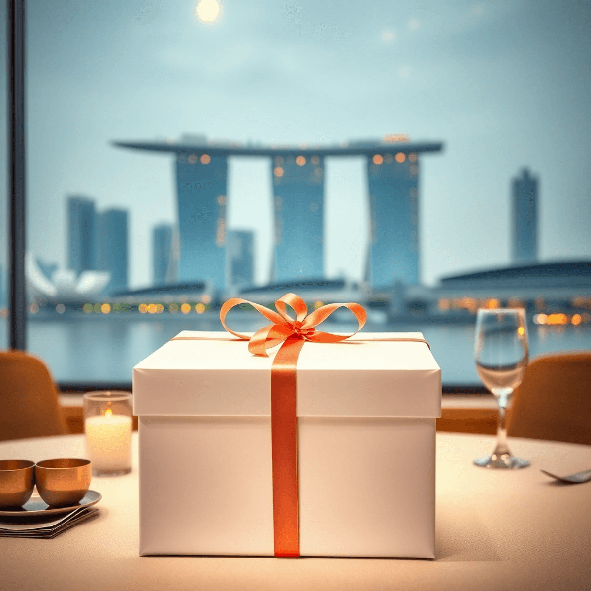 A luxury gift box with a ribbon on an elegant table, softly lit, with iconic Singapore landmarks like Marina Bay Sands in the background.