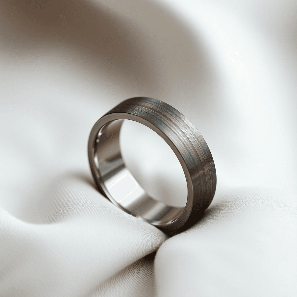 Close-up of a tungsten carbide ring with a matte finish on soft fabric, highlighting its scratch-resistant surface and elegant design.