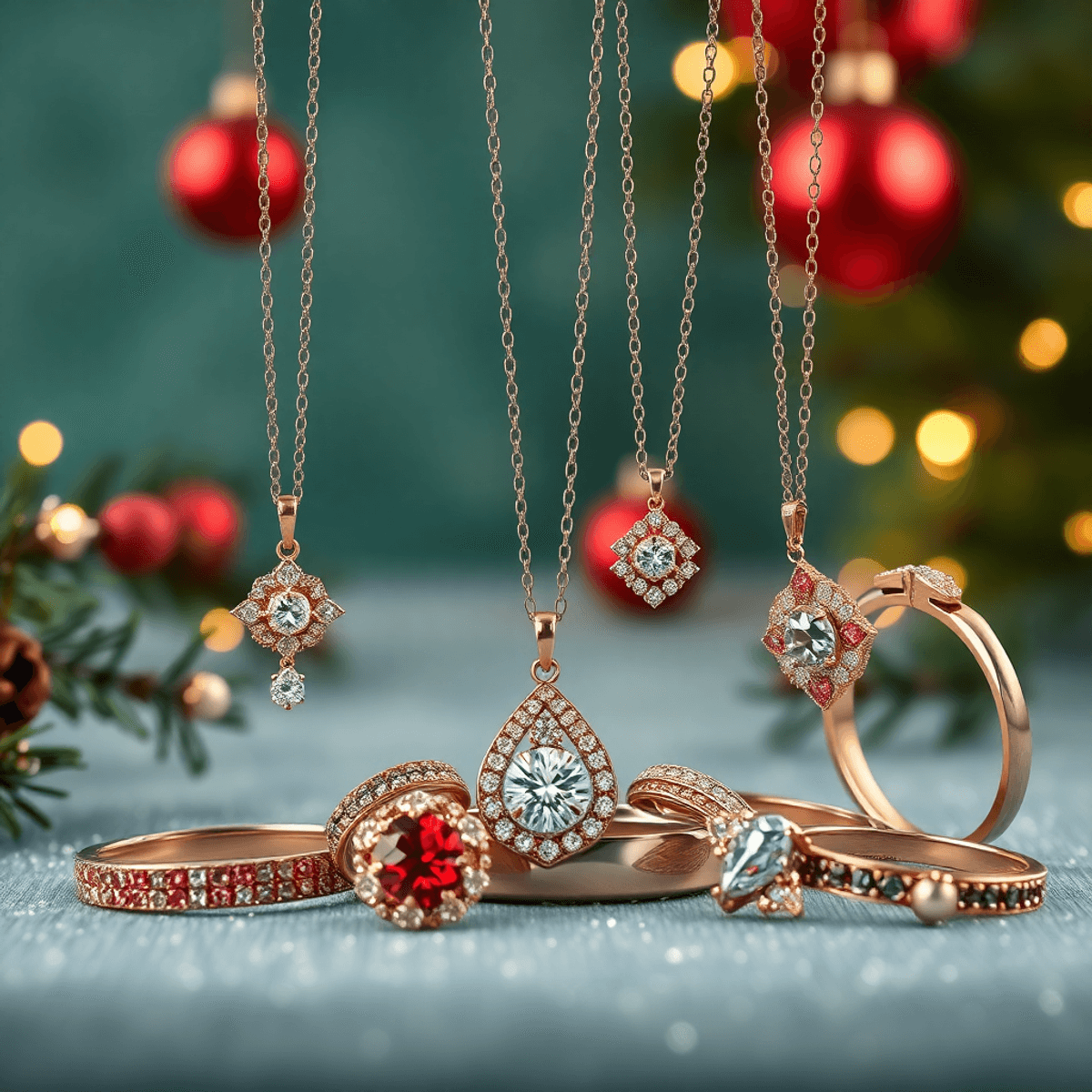 A stunning display of elegant jewelry, including necklaces, rings, and bracelets, set against a festive background with twinkling lights and Christmas ornaments