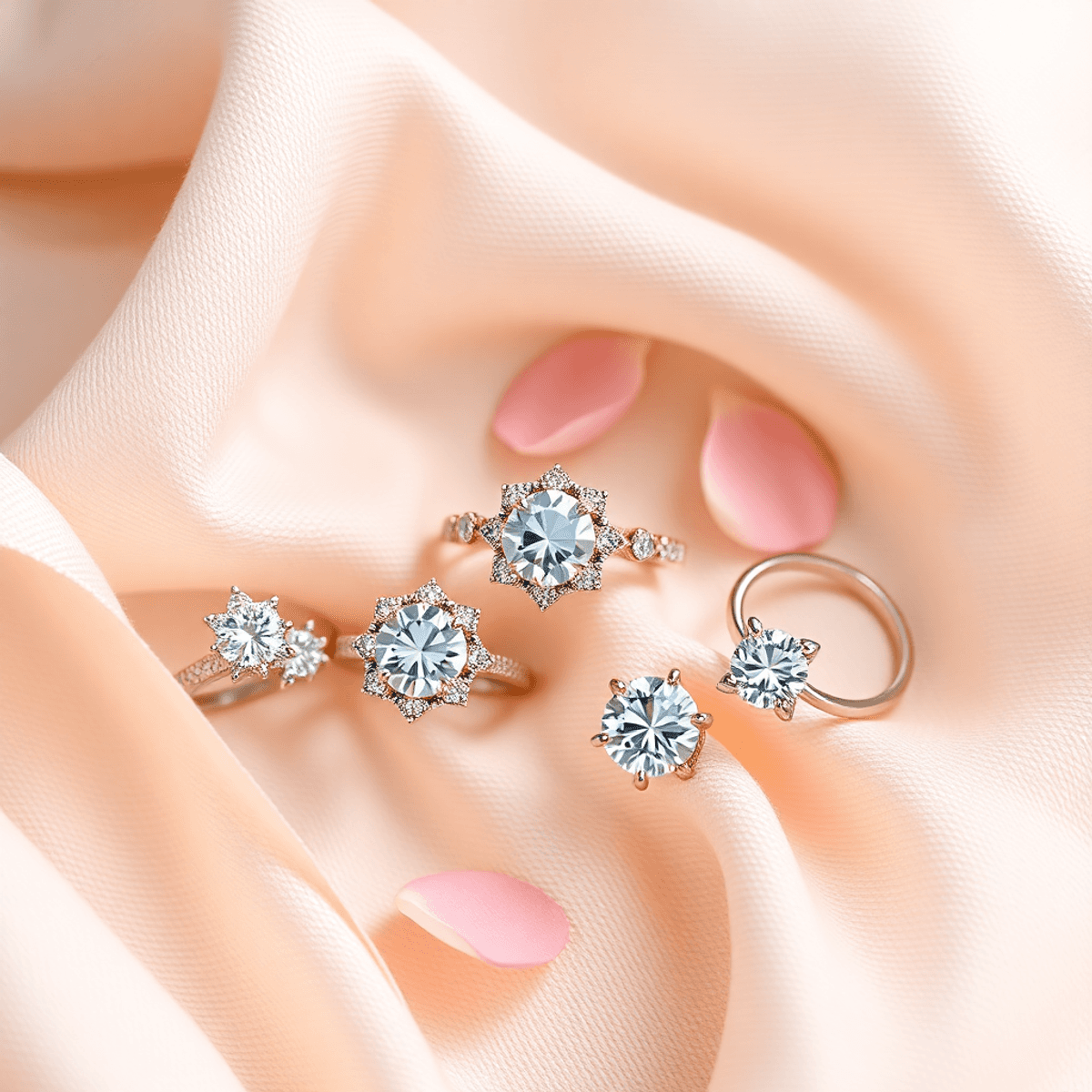 An elegant display of engagement rings on soft fabric, showcasing sparkling stones and intricate settings, accented with soft petals and a delicate ribbon.