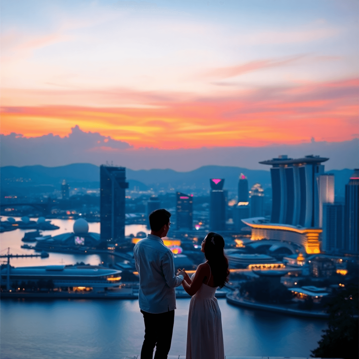 A romantic sunset over Marina Bay, with vibrant colors illuminating the skyline and serene waterfront, creating a dreamy atmosphere perfect for a proposal.