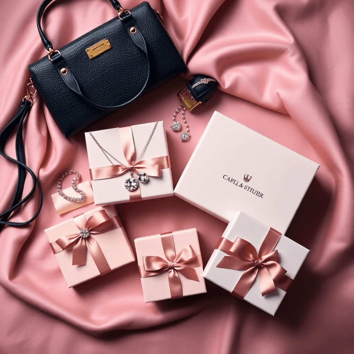 A flat lay of luxurious gifts featuring elegant jewelry, a stylish handbag, and a personalized gift box on a soft, sophisticated backdrop, evoking opulence.