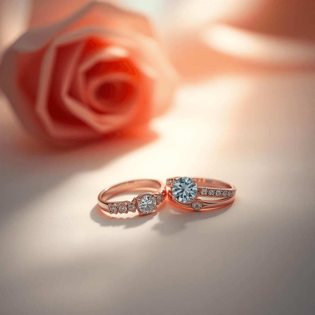 A pair of elegant couple rings on a soft, romantic background, featuring diverse designs illuminated by gentle light, symbolizing love and commitment.
