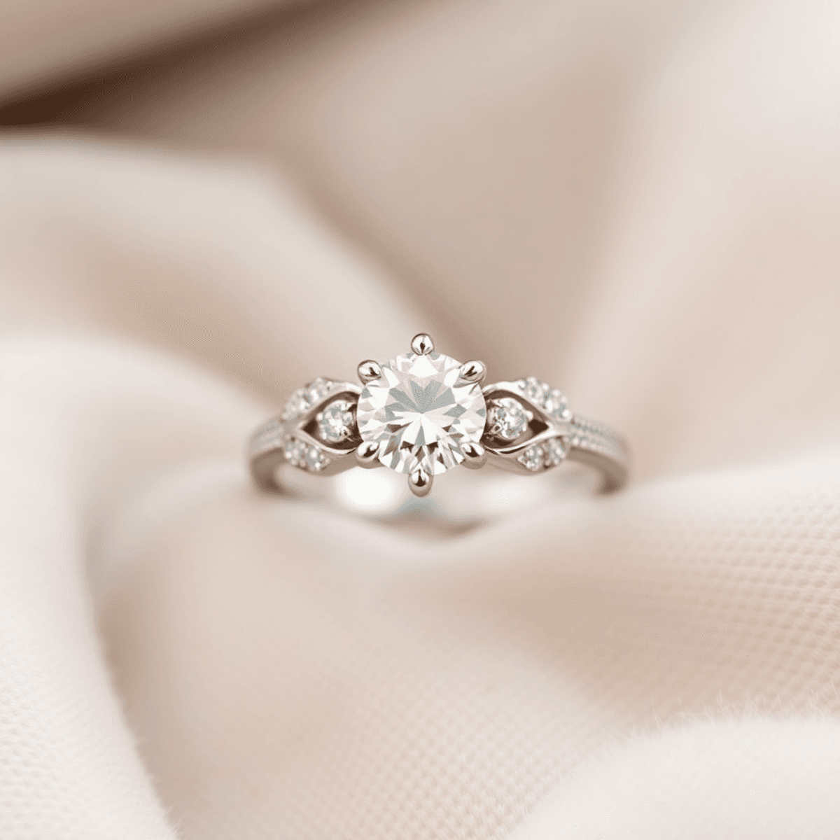 An elegant engagement ring with sparkling diamonds displayed on a soft velvet background, showcasing intricate designs and symbolizing love and commitment.