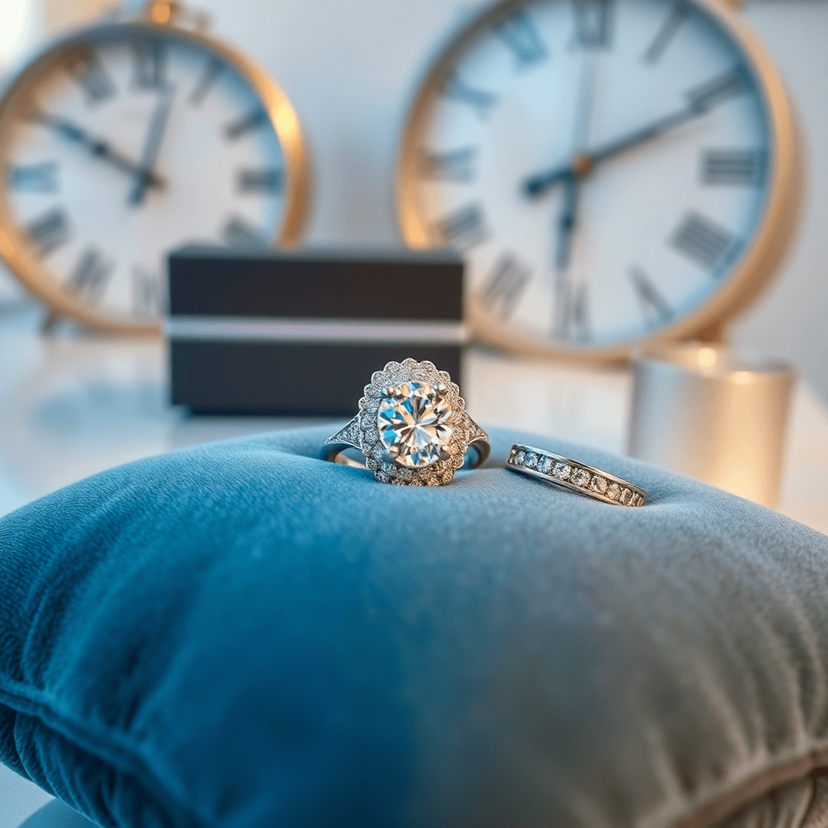 A luxurious engagement ring and wedding band on a plush velvet cushion, with a subtle clock in the background, conveying urgency and exclusivity.