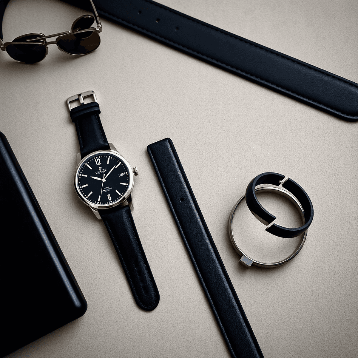 A stylish flat lay of men's fashion accessories featuring a luxury watch, leather belt, bracelet, and ring on a textured surface in neutral tones with gold and 