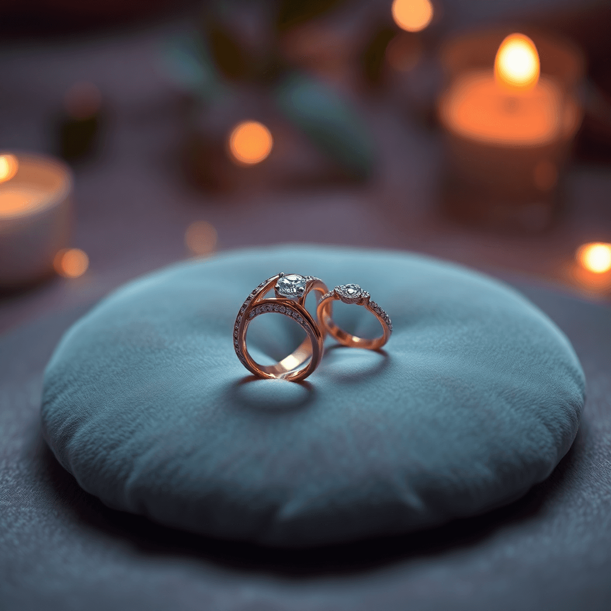 A couple ring on a soft velvet background, showcasing elegant details and a subtle glow, surrounded by soft lighting to enhance its romantic ambiance.