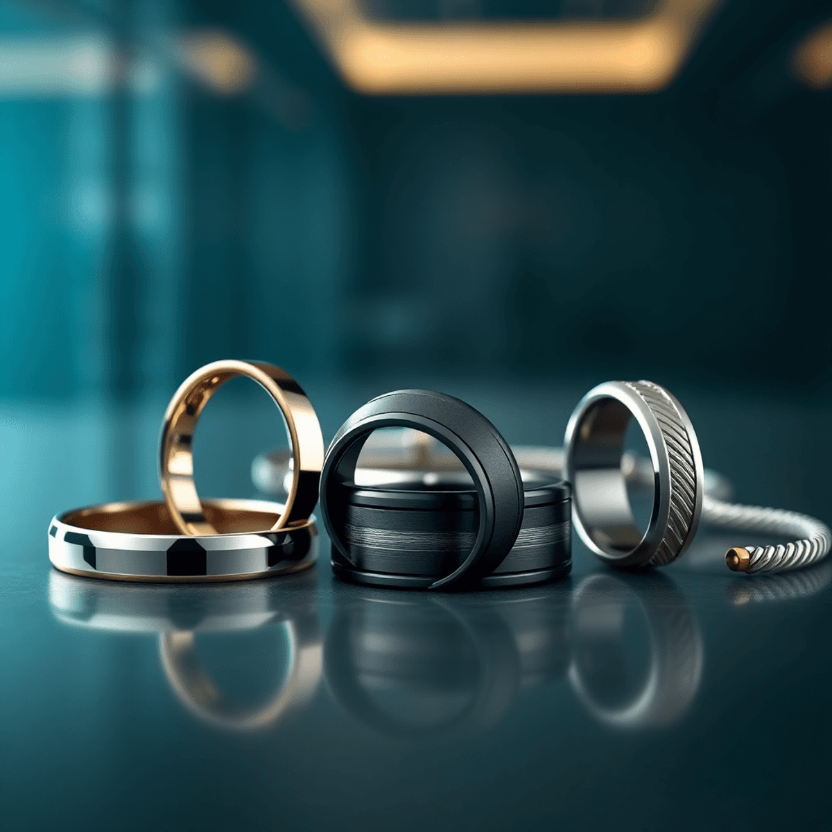 A collection of sleek tungsten rings and bracelets displayed elegantly on a sophisticated backdrop, showcasing their modern design and polished metallic texture