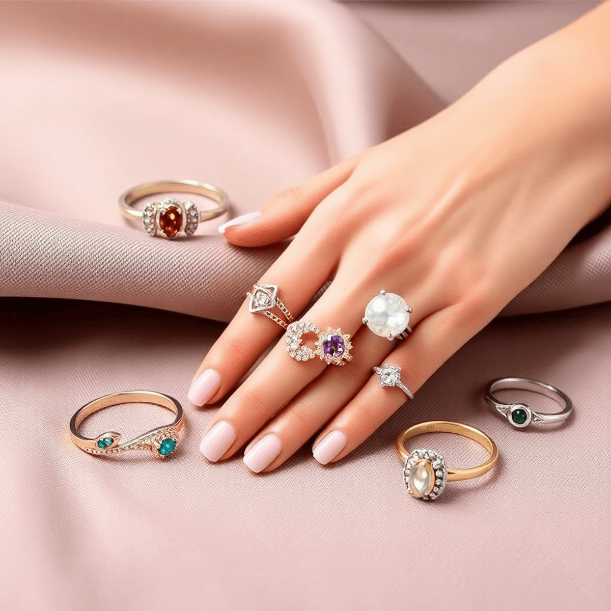 A stylish assortment of adjustable rings for women displayed on soft fabric, highlighting diverse designs and materials for a flexible, fashionable look.