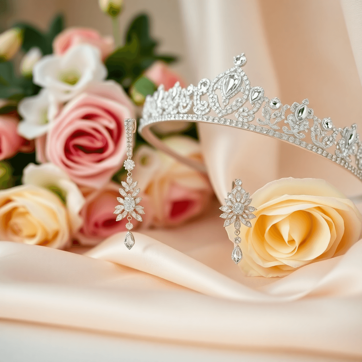 Elegant bridal jewelry including sparkling earrings and a stunning tiara, arranged with flowers and delicate fabrics, conveying sophistication and romance.