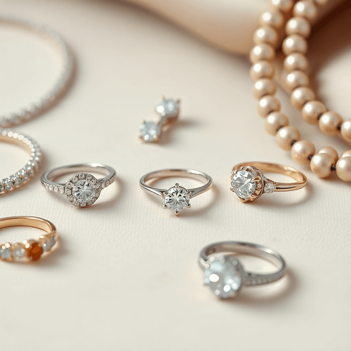 Close-up of elegant diamond rings and luxury jewelry on a soft, neutral background, showcasing their brilliance and timeless sophistication.