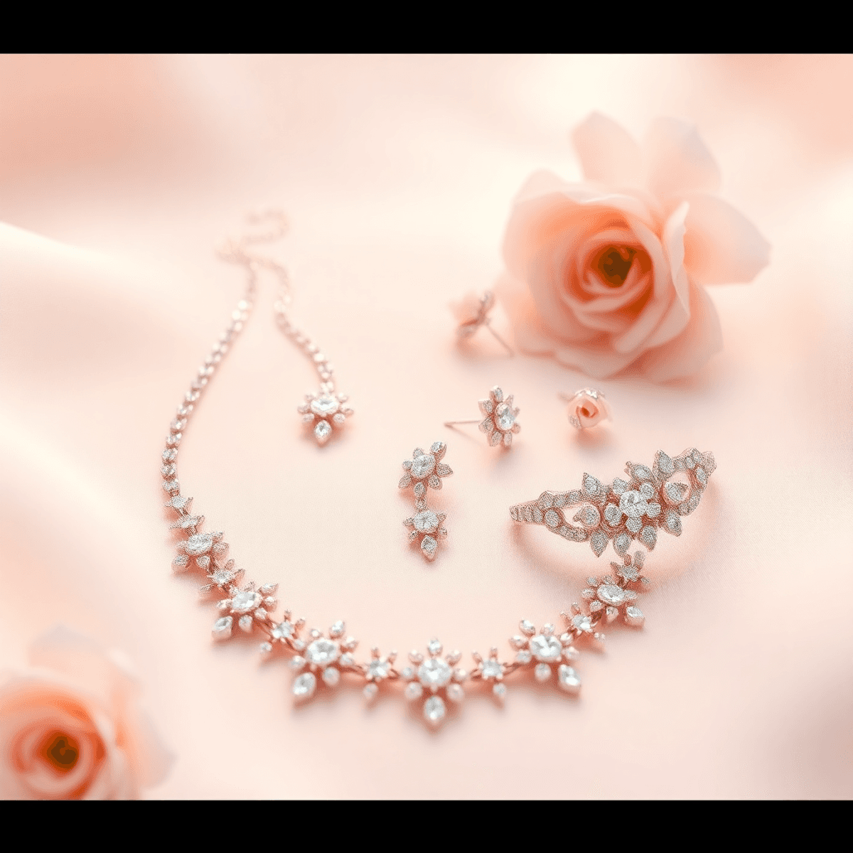 A stunning bridal jewelry set featuring a necklace, earrings, and bracelet, displayed on a soft pastel background with floral accents and gentle lighting.