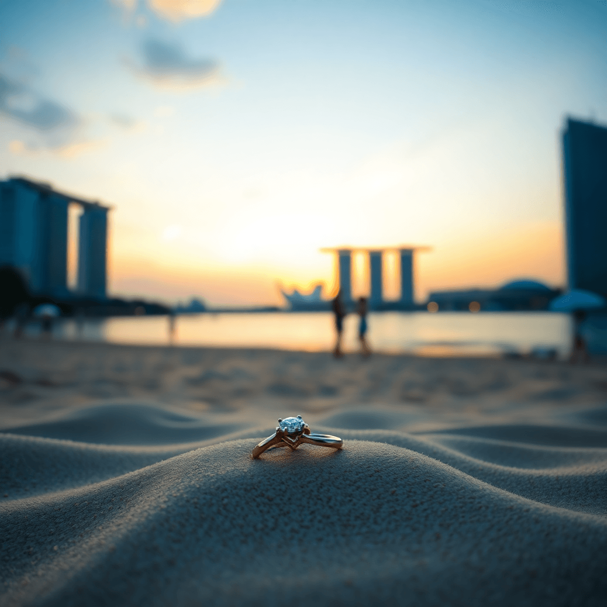 A romantic beach proposal at sunset, with an elegant engagement ring on the sand and iconic Singapore landmarks softly visible in the background.