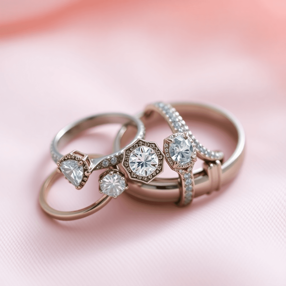 Close-up of elegant wedding rings on a soft, romantic background, showcasing intricate designs and craftsmanship, symbolizing love and commitment.