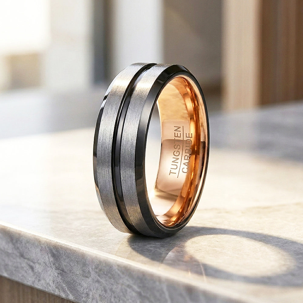 Aage | Brushed Silver Grooved Tungsten Carbide | Men's Ring