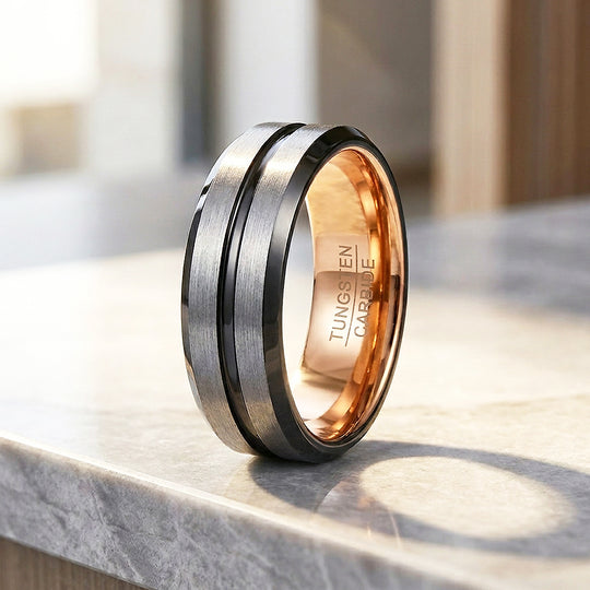 Aage | Brushed Silver Grooved Tungsten Carbide | Men&