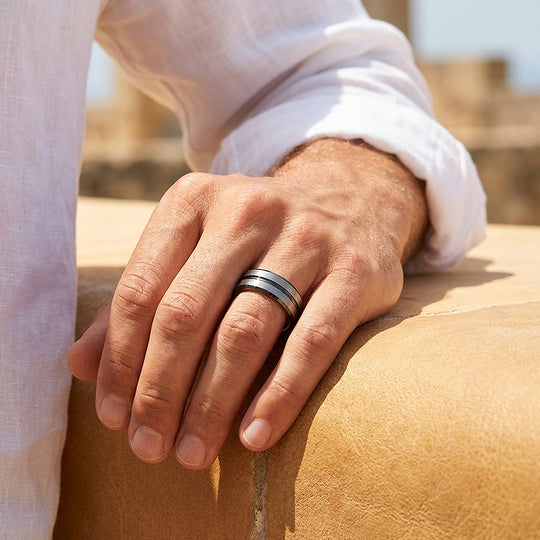 Aage | Brushed Silver Grooved Tungsten Carbide | Men&