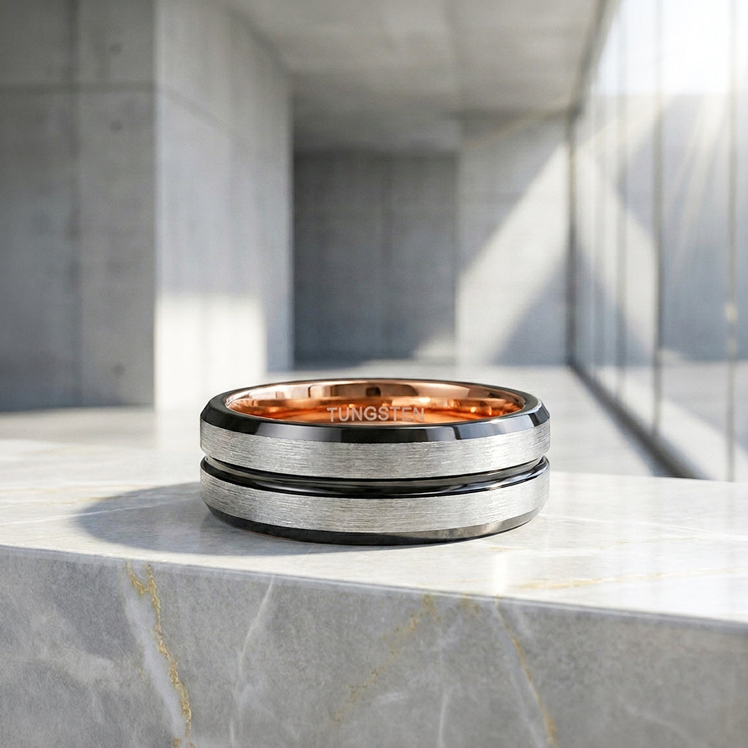 Aage | Brushed Silver Grooved Tungsten Carbide | Men&