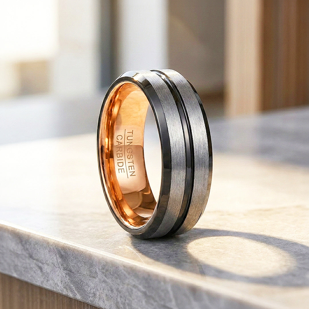 Aage | Brushed Silver Grooved Tungsten Carbide | Men&