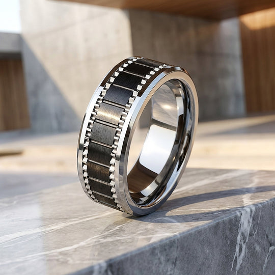 Alston Brushed Gear Pattern Tungsten Carbide Ring