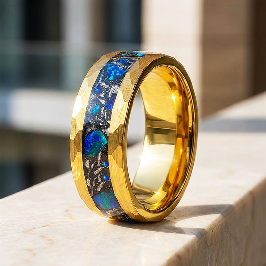 Aureus Opal Hammered Gold Opal Inlay Tungsten Carbide Ring