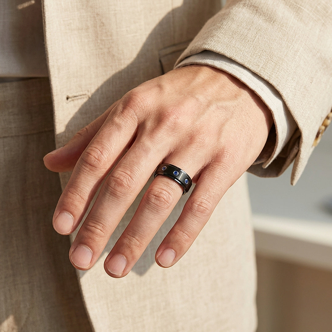 Azure Brushed Triple Blue Stone Black Tungsten Carbide Ring
