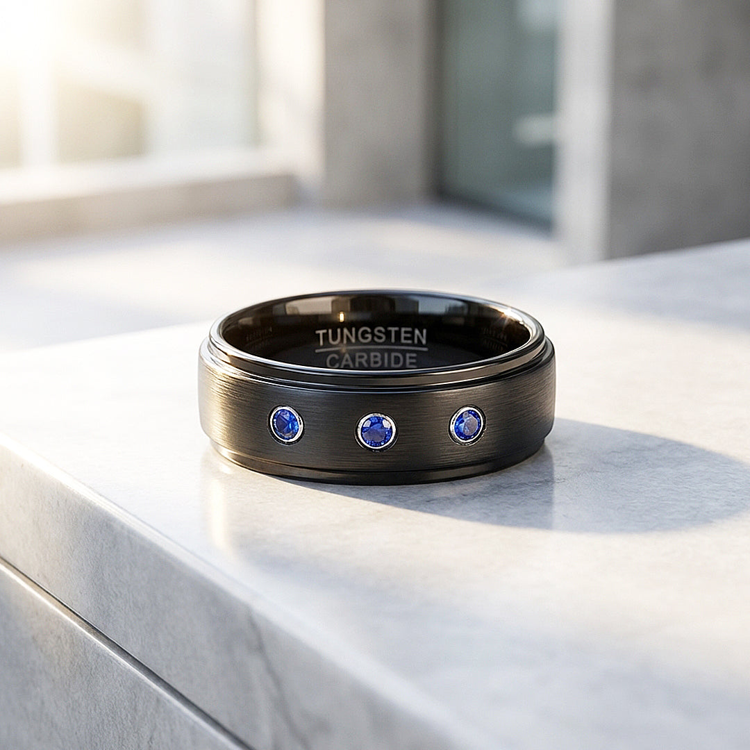 Azure Brushed Triple Blue Stone Black Tungsten Carbide Ring