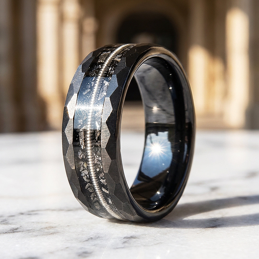 Blackcoil Hammered Guitar String Meteorite Inlay Black Tungsten Carbide Ring - Ring | Singapore Jewellery, Wedding Rings &amp; Gifts | Same Day Delivery | Tiara.com.sg