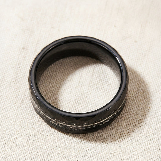 Blackcoil Hammered Guitar String Meteorite Inlay Black Tungsten Carbide Ring - Ring | Singapore Jewellery, Wedding Rings &amp; Gifts | Same Day Delivery | Tiara.com.sg