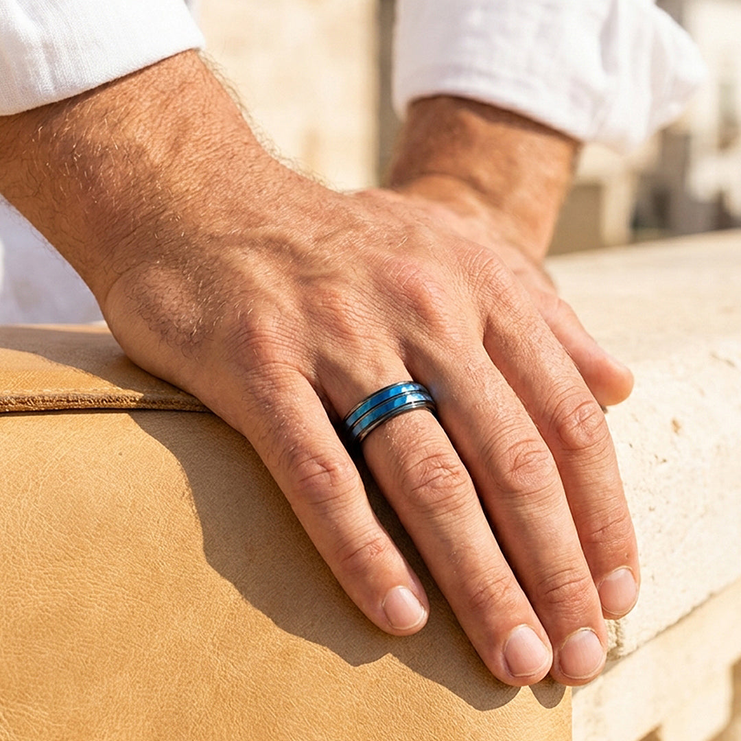 Blue Lake | Hammered Blue and Black Grooved Tungsten Carbide | Men&