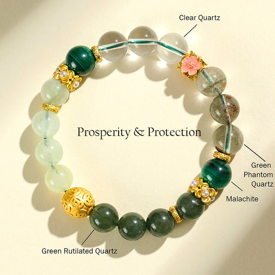 Green Phantom Quartz &amp; Malachite Prosperity Natural Crystal Bracelet | C159