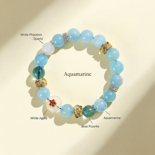 Aquamarine &amp; White Phantom Quartz Serenity Natural Crystal Bracelet | C159
