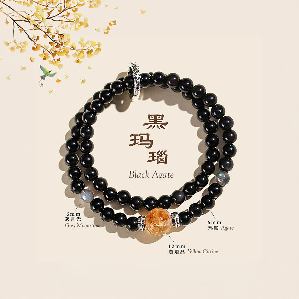 Grey Moonstone & Black Agate Prosperity Natural Crystal Bracelet Set | C178