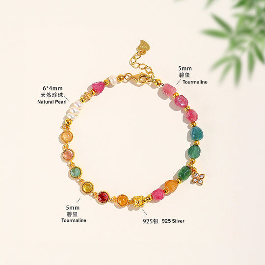 Multi-Color Tourmaline &amp; Natural Pearl Protection Natural Crystal Bracelet | C196