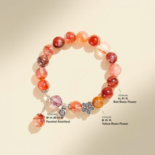 Amethyst &amp; Red Flower Charm Natural Crystal Bracelet | C199