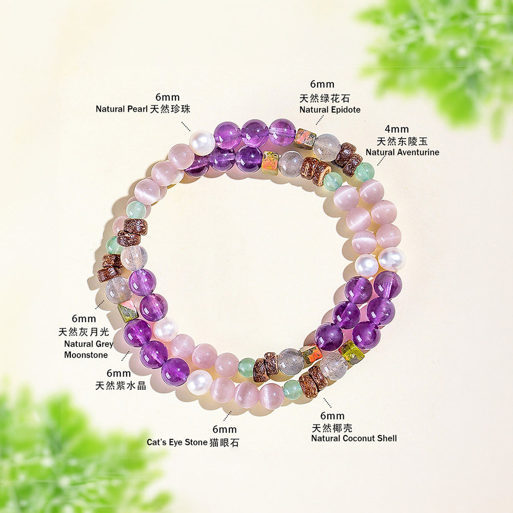 Amethyst, Moonstone & Cat Eye Natural Crystal Bracelet | C206