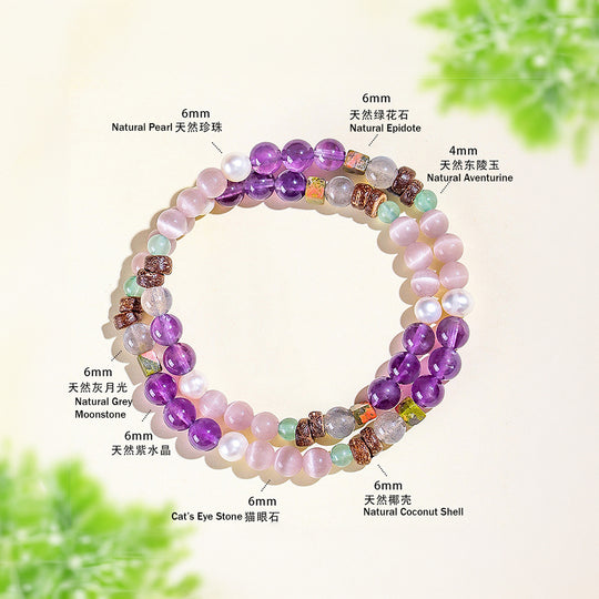 Amethyst, Moonstone &amp; Cat Eye Natural Crystal Bracelet | C206