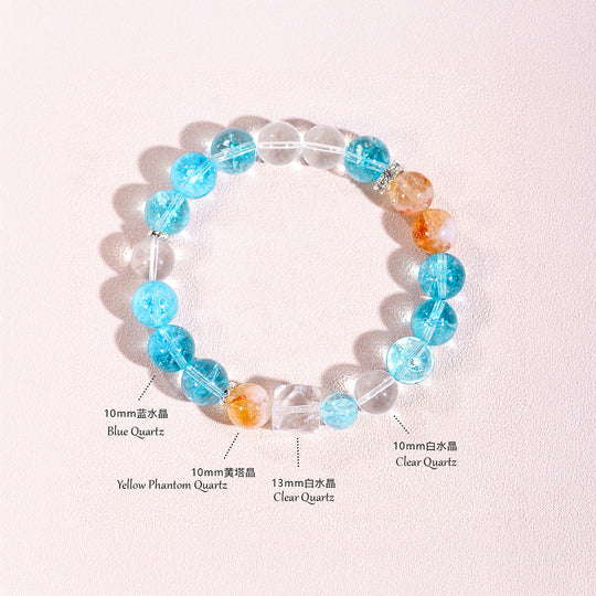 Blue Quartz &amp; Yellow Phantom Quartz Prosperity Natural Crystal Bracelet | C219