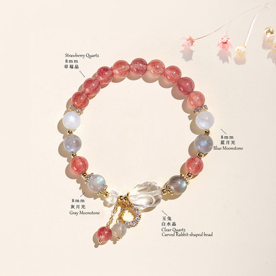 Strawberry Quartz &amp; Blue Moonstone Rabbit Natural Crystal Bracelet | C225