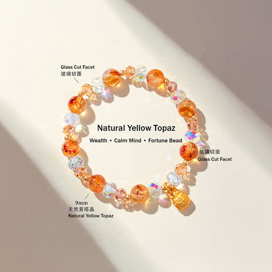 Yellow Topaz, Strawberry Quartz &amp; Amethyst Natural Crystal Bracelet | C229