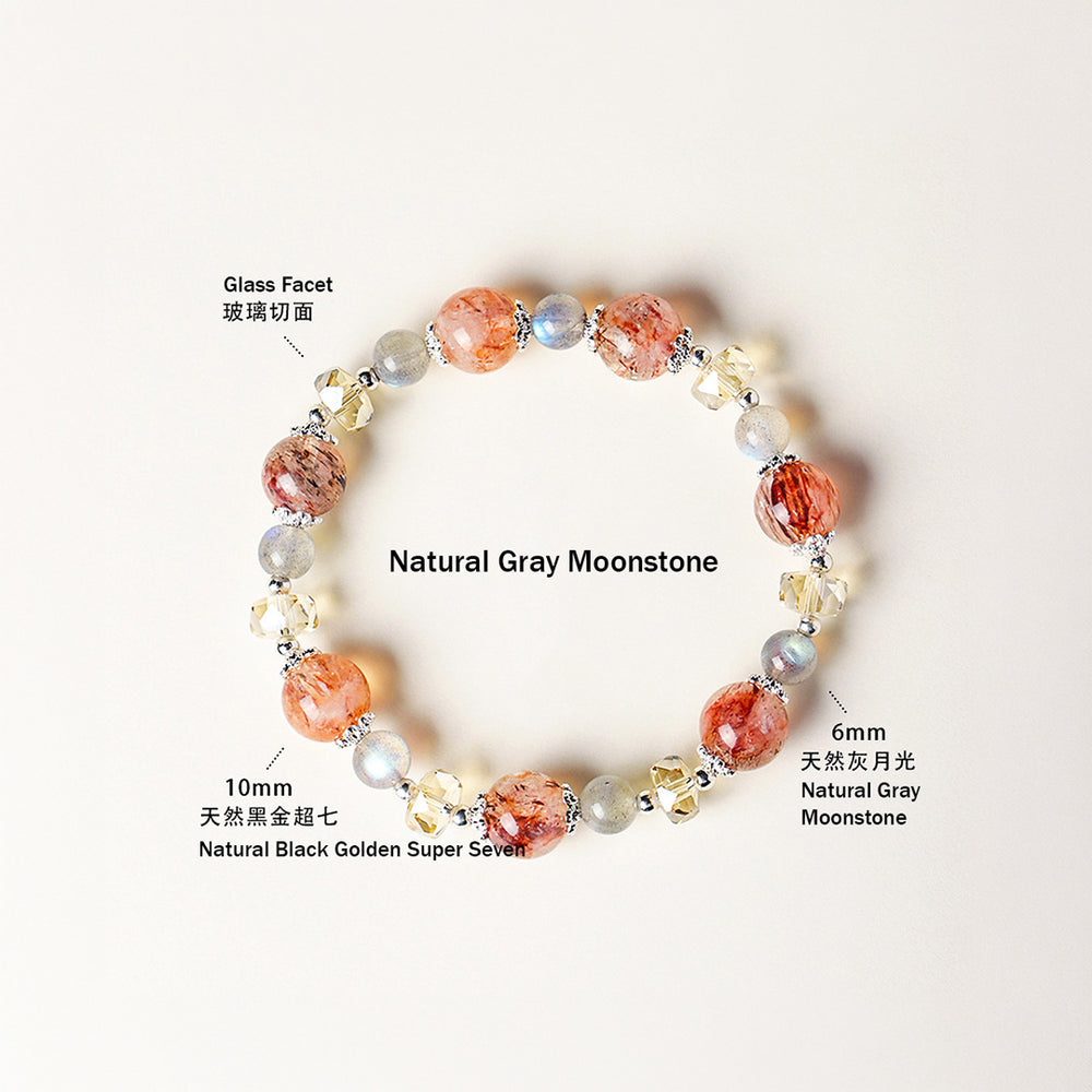 Aquamarine, Black Golden Super Seven & Gray Moonstone Natural Crystal Bracelet | C232