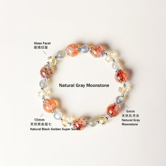 Aquamarine, Black Golden Super Seven &amp; Gray Moonstone Natural Crystal Bracelet | C232