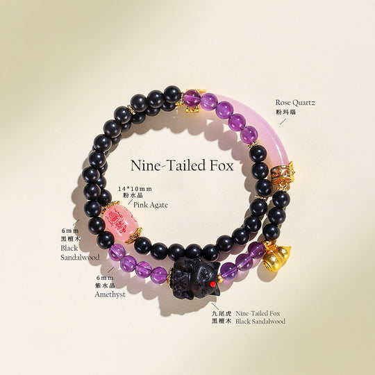 Amethyst &amp; Pink Agate Nine-Tailed Fox Natural Crystal Bracelet | C238
