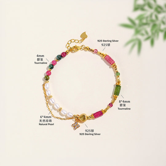 Multicolour Tourmaline &amp; Freshwater Pearl Natural Crystal Bracelet | C254